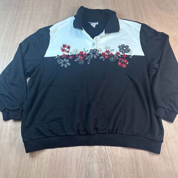 Alfred Dunner Women’s 2X Black White Red Floral Embroidered Pullover Top - Picture 1 of 4